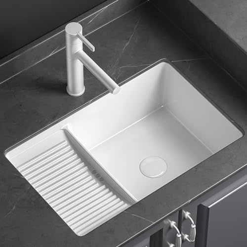 SXDMOUBK Évier de buanderie en céramique avec Planche à Laver, Vasque de Salle de Bain à encastrer, Meuble-lavabo sous Plan avec trop-Plein, robinetterie, vanne d'arrêt et bonde, Dimensions