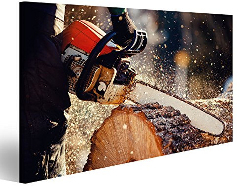 islandburner Bild auf Leinwand Kettensäge. Holzfäller sägt Baum mit Einer Kettensäge auf Sägewerk Wandbild, Poster, Leinwandbild ITS-1K