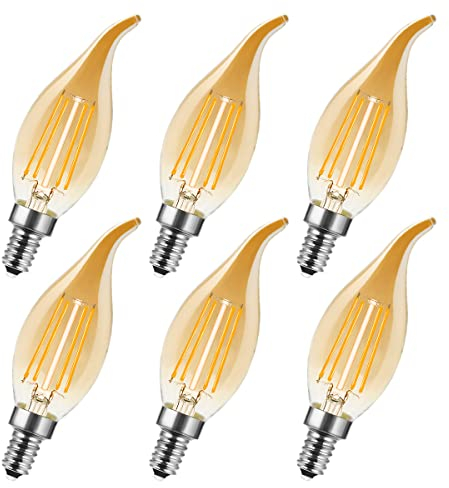 MZYOYO E14 Vintage Kerze LED Lampe,E14 4W Warmweiß Kerzenform Glühbirne,4W ersetzt 40 Watt,Retro Kerzenlampe für Kronleuchter,Filament Fadenlampe,2700K,Nicht Dimmbar,Amber,6 Stück