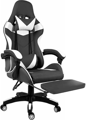 Sedia Gaming Con LED RGB e Telecomando Poltrona Ufficio Scrivania Casa PC Stile Racing Girevole Ergonomica In Ecopelle Cuscino Supporto Lombare Poggiapiedi Poggiatesta Braccioli (Nero e Bianco)