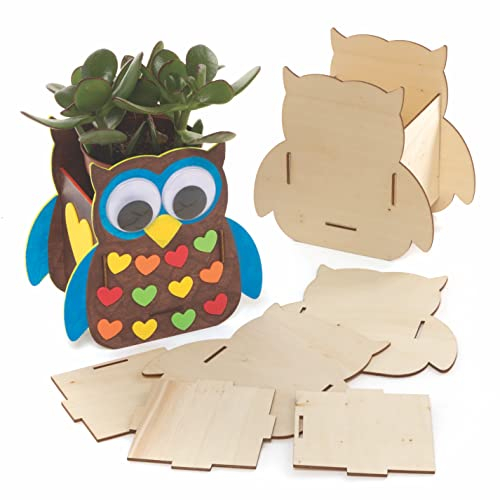 Baker Ross FE645 Eulen Blumentopf Holzbastelset - 3er Pack, Bastel Sie deinen eigenen Blumentopf, Pflanztöpfe für Kinder zum Dekorieren, Mittel