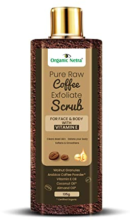 Organic Netra® Reines Peeling-Kaffee-Peeling für Gesicht, Körper, Hautaufhellung, Bräunungsentfernung, angereichert mit reinem Bio-Arabica-Kaffee, Walnuss und Vitamin E, 135 g