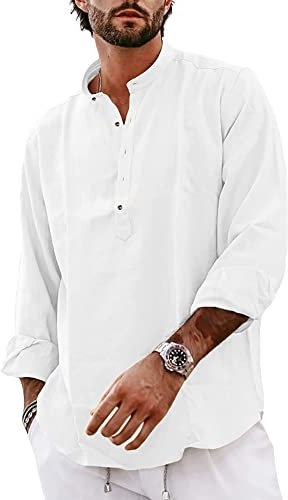 YAOBAOLE Mens Casual Henley Shirt Summer Beach Shirt for Men Loose Fit Long Sleeve Shirts White L