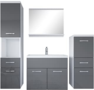 Badezimmer Badmöbel Set Alba 60cm Waschbecken Grau Hochglanz Fronten - Unterschrank Hochschrank Waschtisch Möbel