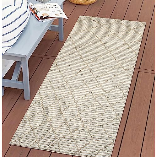 carpet city Outdoor Teppich Terrasse Wetterfest - 80x150 cm - Balkonteppich Beige - Raute-Optik - In-& Outdoor Teppiche für Veranda, Garten, Küche, Bad oder Wohnzimmer