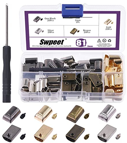 Swpeet 80 Sets 4 Farben Legierung Rechteck Metall Reißverschluss Stopper und Schraube Unterseite Reparatur Ersatz mit Schraubendreher Sortiment Kit, Reißverschluss Enden Ziehen oben Stopper