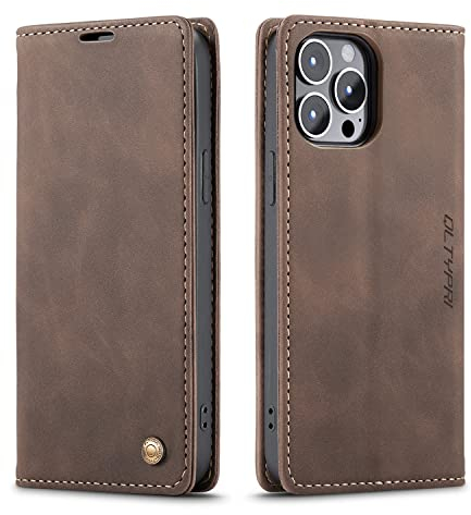 QLTYPRI Case for iPhone 14 Pro Max, Vintage PU Leather Wallet Case Card Slot Kickstand Magnetic Closure Shockproof Flip Folio Book Case Cover for iPhone 14 Pro Max - Coffee Brown