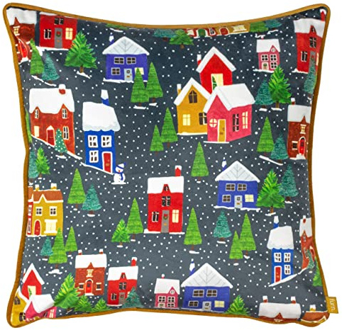 furn. Christmas Together Feather Filled Cushion (Multicolour - 43x43cm) | Snowy Winter Village Scene Velvet Gold Piping Festive Seasonal Pillow