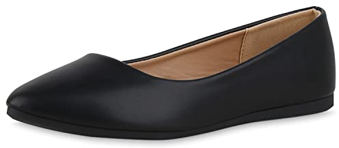 VAN HILL Damen Klassische Ballerinas Freizeit Schuhe Flache Slippers Basic Schupfschuhe Leder-Optik Büro Abendschuhe 211136 Schwarz 41