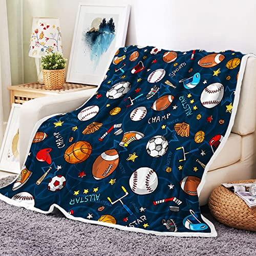 JAWO Sports Fan Fleece Throw Blanket - Basketball, Baseball, Football, Soccer - Cool for Boys, Kids, Children - 60X50 Inch, Blue