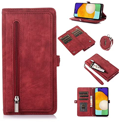 ESONG Cover per Samsung Galaxy A54 5G,Custodia Portafoglio a Libro in Pelle Flip Cover con Porta Carte/Chiusura Magnetica/Funzione Supporto/Cordino,rosso