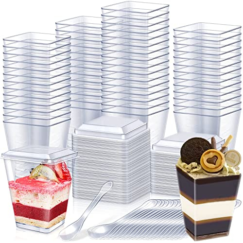 AOTOPYU 50 pièces 150ml tasses coupes gobelets à dessert avec couvercle et cuillère plastique, verrines à dessert réutilisables transparents pour pudding mousse crème glacée anniversaire mariages