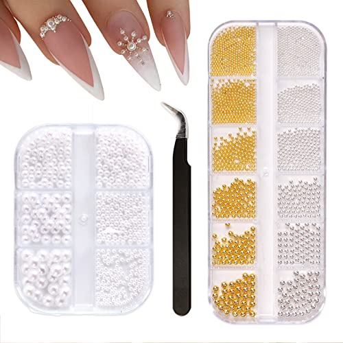 IOSPKKIO® 2 Stück Nail Art Perlen flache Rückseite Perlen Nail Charms Gold Silber Nail Art Supplies Design Nagelzubehör Strass Gemischt Verschiedene Größen mit Pinzette