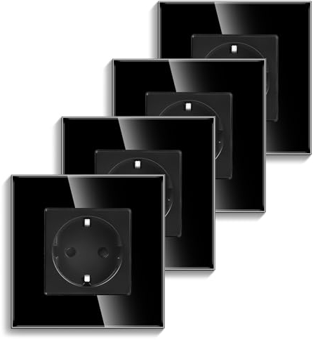 4er-Pack CNBINGO Glas Einzelsteckdose Unterputz in Schwarz - Einfach Schuko Steckdose mit Kindersicherung - 16 Amp Schutzkontakt Wandsteckdose mit Glasrahmen