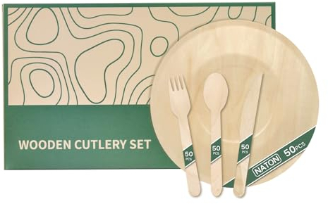 NATON 200Pcs Disposable Plates and Wooden Cutlery Set, Biodegradable Plates Set,50x 8 Round Plates,50x Forks, 50x Knives, 50x Spoons for Dinner,Party,Wedding,Christmas Tableware