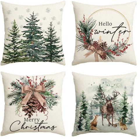 Artoid Mode Pine Trees Reindeer Christmas Cushion Covers Set of 4, 45x45 cm Winter Xmas Decorative Pillow Case Cover Sofa Living Room Decor