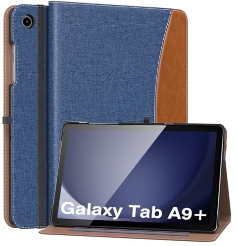 MoKo Hülle für Samsung Galaxy Tab A9 Plus 11 Zoll 2023 (SM-X210/SM-X216/SM-X218), PU Leder Mehrere Winkel Hülle mit Handschlaufe, Fronttasche Auto Schlaf/Aufwach Funktion, Denim Blau & Braun