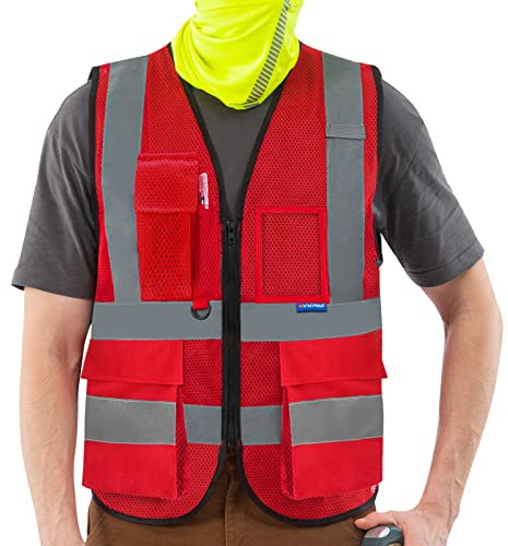AYKRM Warnweste Rot Sicherheitsweste Reflektierendes WarnschutzWeste Warnweste mit Reflektorstreifen mit Reißverschluss und Taschen Arbeitsweste netzgewebe