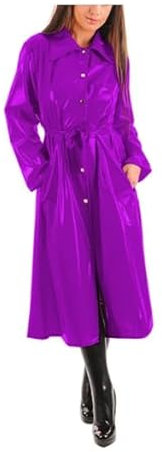 Gabardina de cuero de PVC con cuello vuelto para mujer, de piel sintética, abotonada, manga larga, con cinturón, fucsia, talla 3XL, Fucsia, XXXL