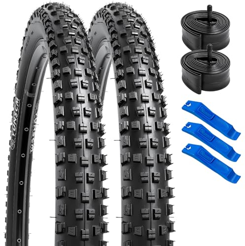 YunSCM 2er-Pack 60TPI Nylon Pannensicher 26 Zoll Reifen 26x2.35 Mantel 60-559 Plus 2er-Pack 26 Schlauch AV32mm kompatibel Faltbarer 26x2.25 26x2.35 26x2.40 26x2.50 26x2.60 Fahrradreifen