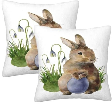 HOYYU Osterei-Hasen-Überwurf-Kissenbezüge, 20 x 20 cm, 2 Stück, Motiv: Kaninchen, Frühlingsblätter, dekorativer Kissenbezug, weicher Samt, für Sofa, Couch, Bett, Auto, Schlafzimmer,