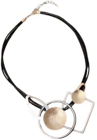 Graci8, silver & gold coloured statement necklace on a 3 strand leather cord, geometric shapes & solids necklace for women. The Cynthia Necklace.