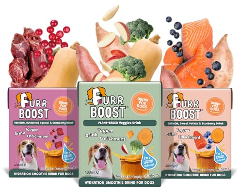 Furr Boost Dog Drink Hydration Pack Taster Set (3x400ml) | 100% Natural Rehydration Smoothie for Dogs | Venison, Salmon & Plant-Based | No Additives or Preservatives | More Benefits than Bone Broth