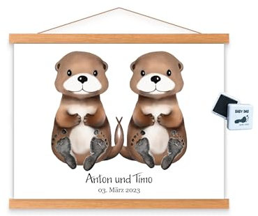 Fußabdruck Set Zwillinge personalisiert, Geschenk zu Geburt, Babyparty, Taufe, Zwillingsfußabdrücke, Wanddeko Twins Babyzimmer Wald- und Safarimotive, Geburtsposter Zwillinge (Otter)
