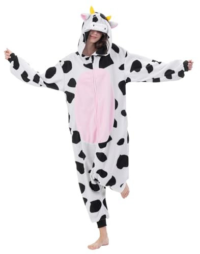 Shinyeagle Unisex Onesie Pyjama für Erwachsene, Plüsch Einteiler Tier Kostüm-Schlafanzug，Damen und Herren Cosplay Halloween Karneval (DE/NL/SE/PL, Alphanumerisch, L, Regular, Regular, Milchkuh)