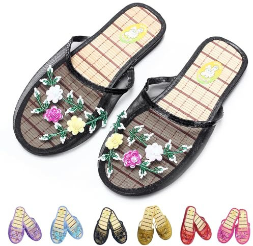 Argumub Pantoufles chinoises pour femmes, pantoufles chinoises en maille pour femme, pantoufles d'été en maille creuse florale, Noir , 39 EU