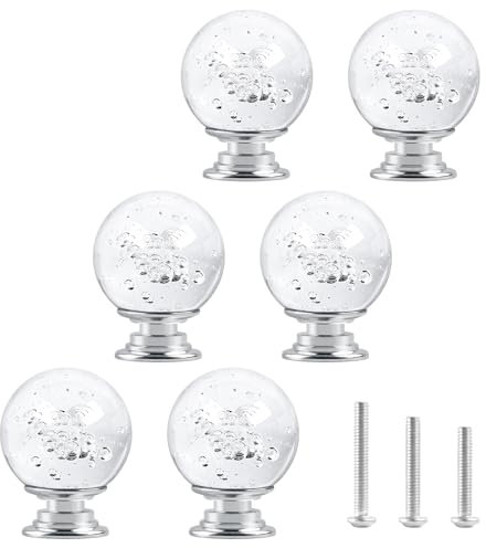 OctinPris 6pcs 30mm Crystal Glass Knobs Door Drawer Wardrobe Pull Knob Bubble Shaped with Silverbase Handles for Cupboard, Cabinet, Dresser in Bathroom, Kitchen, Office ect.