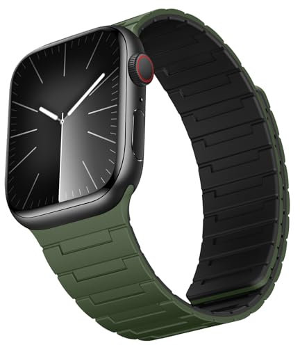 Suphart Compatible avec Bracelet Apple Watch 49/46/45/44/42/41/40/38mm, Bracelet Silicone Magnétique Puissants pour iWatch Ultra SE Série 10 9 8 7 6 5 4 (42/41/40/38, Vert-Noir)
