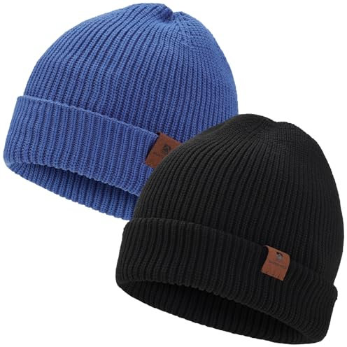 BARFULKER Winter Beanie Mütze Herren Damen Warm Gefüttert Wintermützen Thermo Strickmütze Laufmützen Dehnbare Weiche Wollmütze Unisex Hat,2 Stück,Schwarz Blau
