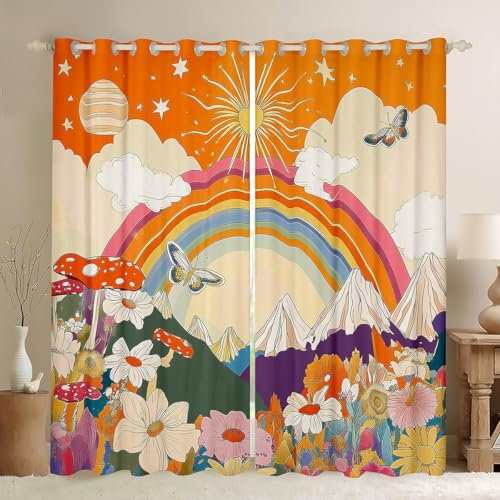 Loussiesd Retro Hippie Blume Vorhänge 183x117cm Regenbogen Fenstervorhang Dekor Schmetterling 60S 70S Groovy Floral Rauchige Berg Sonne Fenstervorhang Bunte Blickdichte Vorhänge