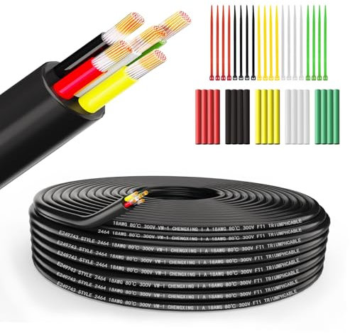 Wirelume 18AWG 5x0,75 mm² Cavo elettrico 5 conduttori 5V/12V/24V fIli elettrici di alimentazione in PVC intrecciato 30FT/9,14M Cavo in rame stagnato a bassa tensione Guaina tonda Parete sottile