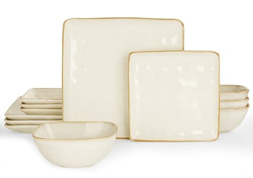 Richmount Steingut Geschirrset 4 Personen, Serie Ocean 12-tlg Quadratishes Geschirr Set, Teller Set pülmaschinen- mikrowellen- kratzfest für Tafelservice mit Reaktiver Glasur, Essgeschirr, Beige