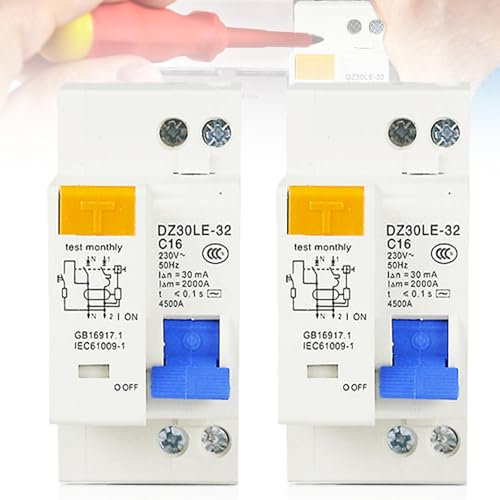 Vaileal Lot de 2 disjoncteurs Fi 16 A, AC 230 V 30 mA C16 1P+N, montage sur rail DIN Protection contre les surcharges, Disjoncteur différentiel avec protection contre les surintensités, interrupteur
