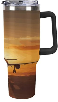 KLSVTMEA Insulated Coffee Mug, Aircraft Plane at Sunset Printed Straw Cup With Handle, Travel Tumbler Suitable For Work, Travel, Home And Car Use