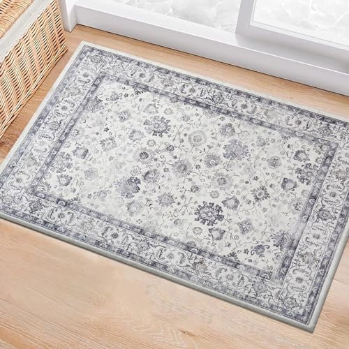 BedLooms Washable Bedside Small Rug 40x60 cm Grey Area Rugs for Bedroom Living Room – Traditional Floral Vintage Boho Cashmere Design Carpet Non Slip Entryway Door Mat, (Serene)