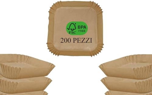 200 Pezzi Carta Forno per Friggitrice ad Aria-Dimensioni 16x4,5 cm, Food-Grade e BPA Free-Antiaderente, Resistente al Calore (QUADRATA 20X20X4,5)