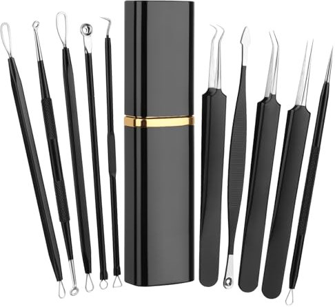 QOUBNIC Kit Extractor-Comedones Profesional 10 Piezas, Herramientas de Acero Inoxidable para Eliminar Espinillas, Acné Puntos Negros en Rostro Nariz con Estuche Metálico (Negro)