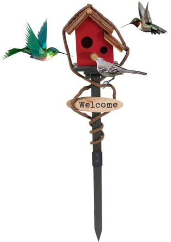 Birdhouses for Outdoors with Pole, 27.6 inch Tall Wood Bird House, Cottage Birdhouse Stand, Decorative Bird House Garden Stake for Lawn Yard Red, Birdhouses
