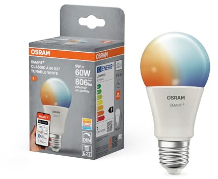 Osram SMART+ LED-Lampe, A60, 9W, 2700–6500K, E27, Kolbenform, Tunable White, dimmbar, steuerbar mit App oder Sprache, Matter kompatibel