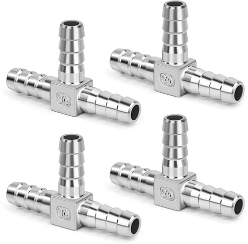 T Raccords de Tuyau d'air Comprimé de Carburant, 8mm Connecteur Droit Barbelé 3 Voies, Adaptateur de Joint en en Acier Inoxydable pour Air, Eau, Gazole (4 Pièces)