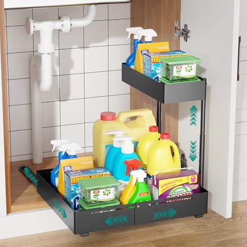 HG PLVTII Adjustable Under Sink Storage Organiser – 2 Tier Metal Cupboard Rack, Width & Height Expandable, Ball Bearing Slides Pull-Out Shelf for Kitchen, Bathroom, Laundry, Pantry (1 Pack, Black)