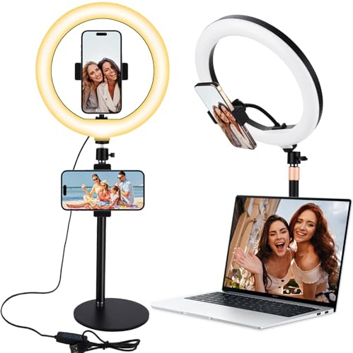 IGUGI LED Ringlicht mit Stativ,10,2 Zoll LED Ring Light mit 3 Lichtfarben,10 Helligkeiten,360° Drehbare Tisch Selfie Ringlicht mit Handyhalterung,Geeignet für Live Streaming,Make up und Fotografie