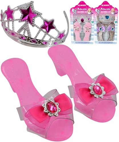 Electoys Princess Dress Up Accessory Set for Children – Pink Costume Shoes and Tiara Crown with Gems for Imaginative Play – Small Size Kids Role Play Gift Set