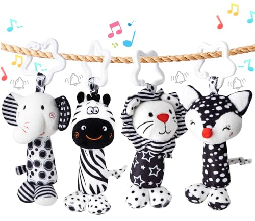 Growithu Spielzeug für Babys von 0-6 Monaten - 4 STK Neugeborenen Schwarz Weiß Sensorik Spielzeug Tierische Autokindersitz Aufhängespielzeug