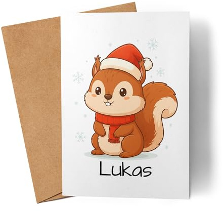Kiddle-Design Weihnachtskarte Namen personalisiert, Karte Weihnachten Geldgeschenk Junge & Mädchen mit Eichhörnchen, Nikolausgeschenk, für Kinder mit Tier