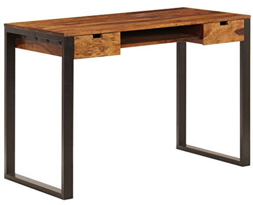 Zeehear Schreibtisch 110x55x78 cm, Massivholz Akazie, Stahlbeine, 2 Schubladen, Tastaturablage, Computertisch für Home Office